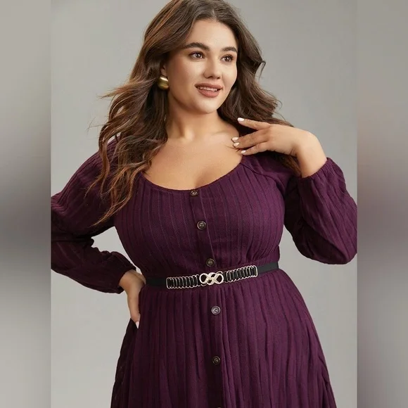 Beautiful plum, purple, ribbed, stretchy midi length dress - Picture 2 of 6